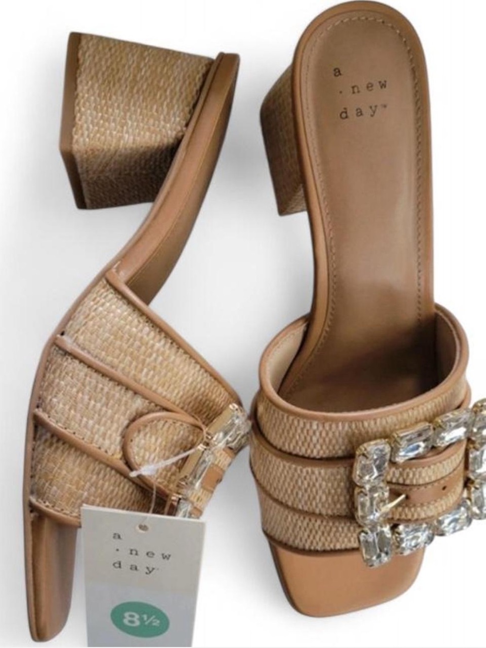 a new day Tan Woven Slide Mules with Crystal Buckle